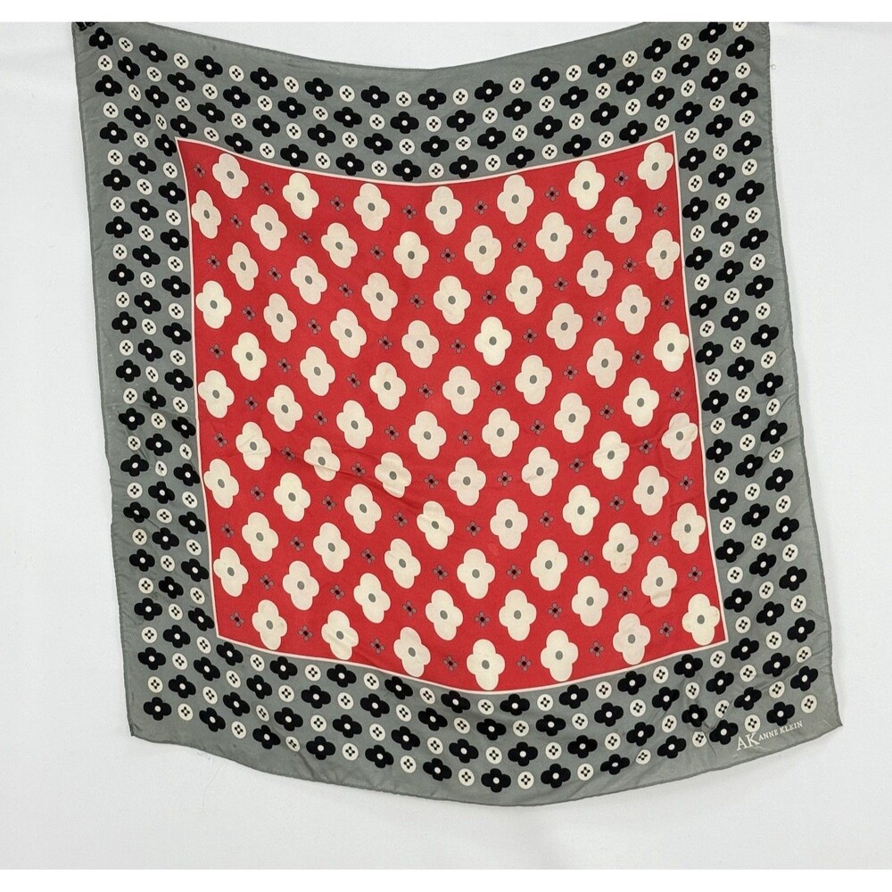 Vintage Red Gray Floral Polka Dot Square Neck Scarf 21x20 Inches